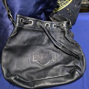 Harley-Davidson Black Leather Drawstring Messenger Bag